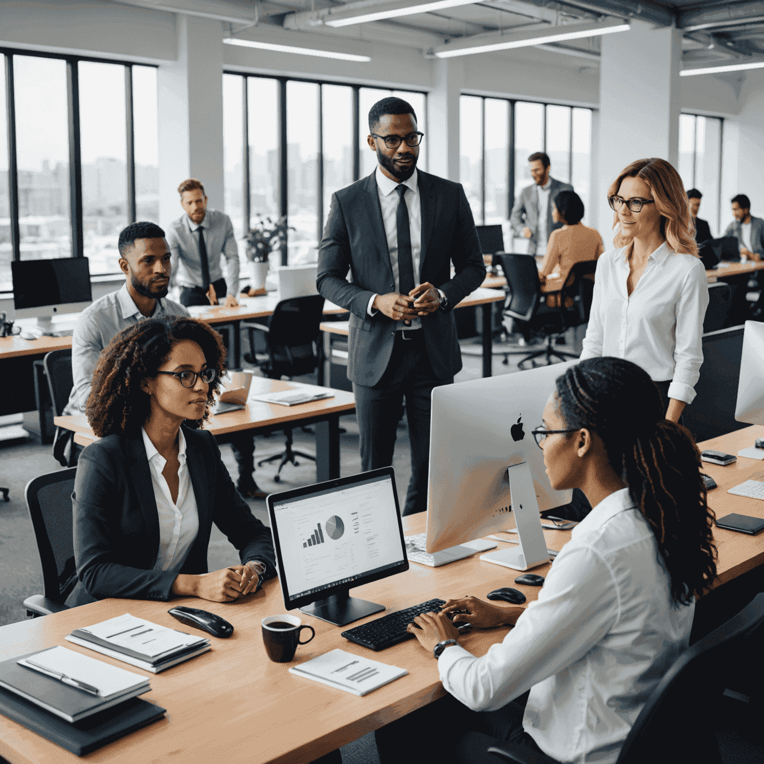 Een diverse groep professionals in een moderne kantooromgeving, werkend aan computers en in gesprek over autoverzekeringen