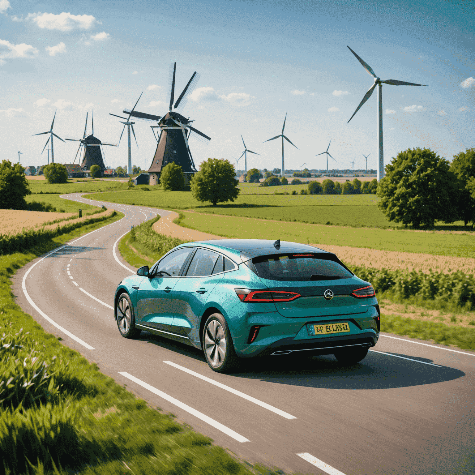 Een moderne elektrische auto rijdt door een typisch Nederlands landschap met windmolens op de achtergrond, symboliserend de groene energietransitie in Nederland