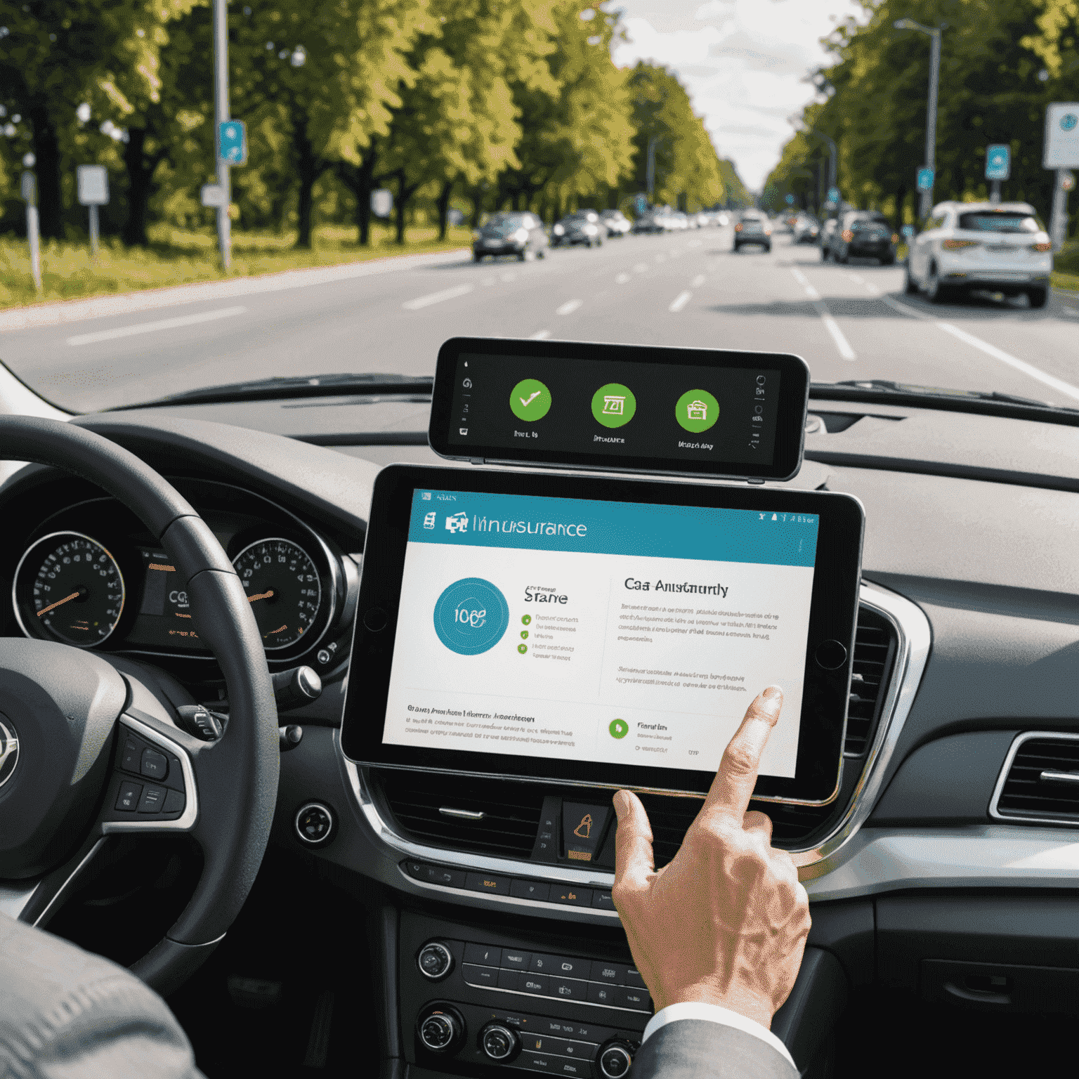 Een moderne auto met een tablet op het dashboard waarop een elektronische autoverzekeringspolis wordt weergegeven