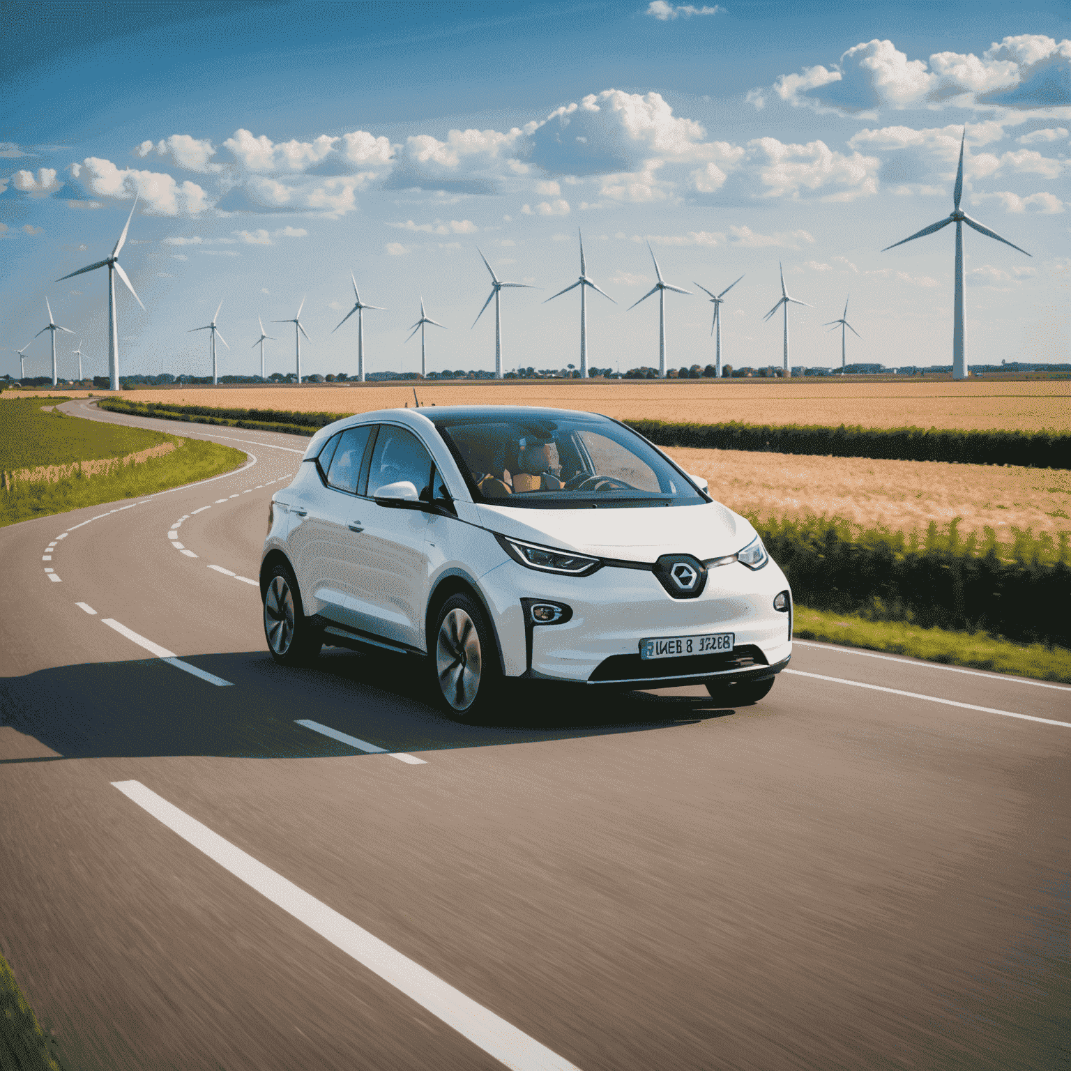 Een elektrische auto rijdt op een Nederlandse weg met windmolens op de achtergrond, symboliserend de combinatie van duurzaam vervoer en Nederlandse infrastructuur