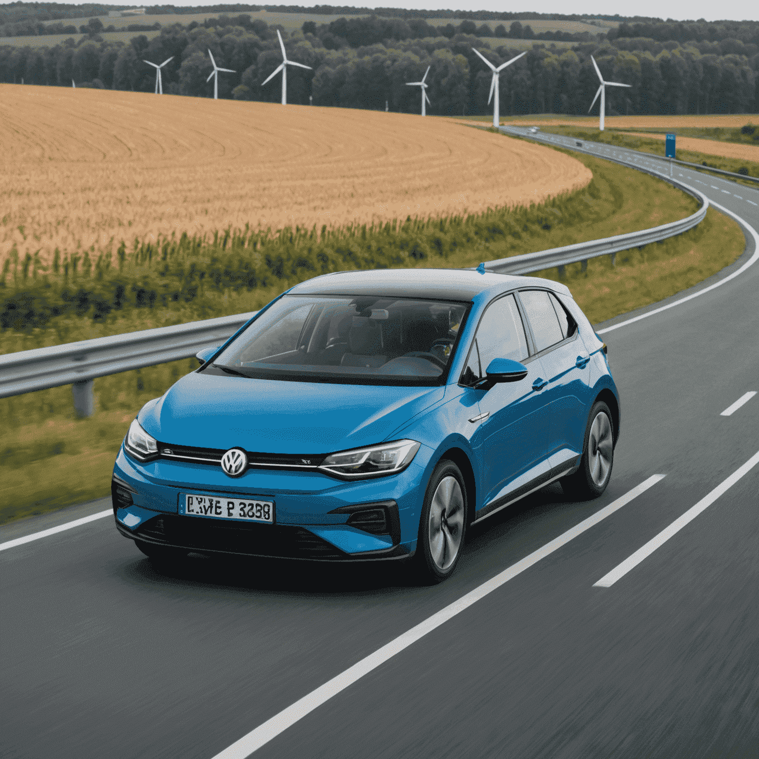 Een blauwe Volkswagen ID.3 rijdend op een Nederlandse snelweg met windmolens in de verte