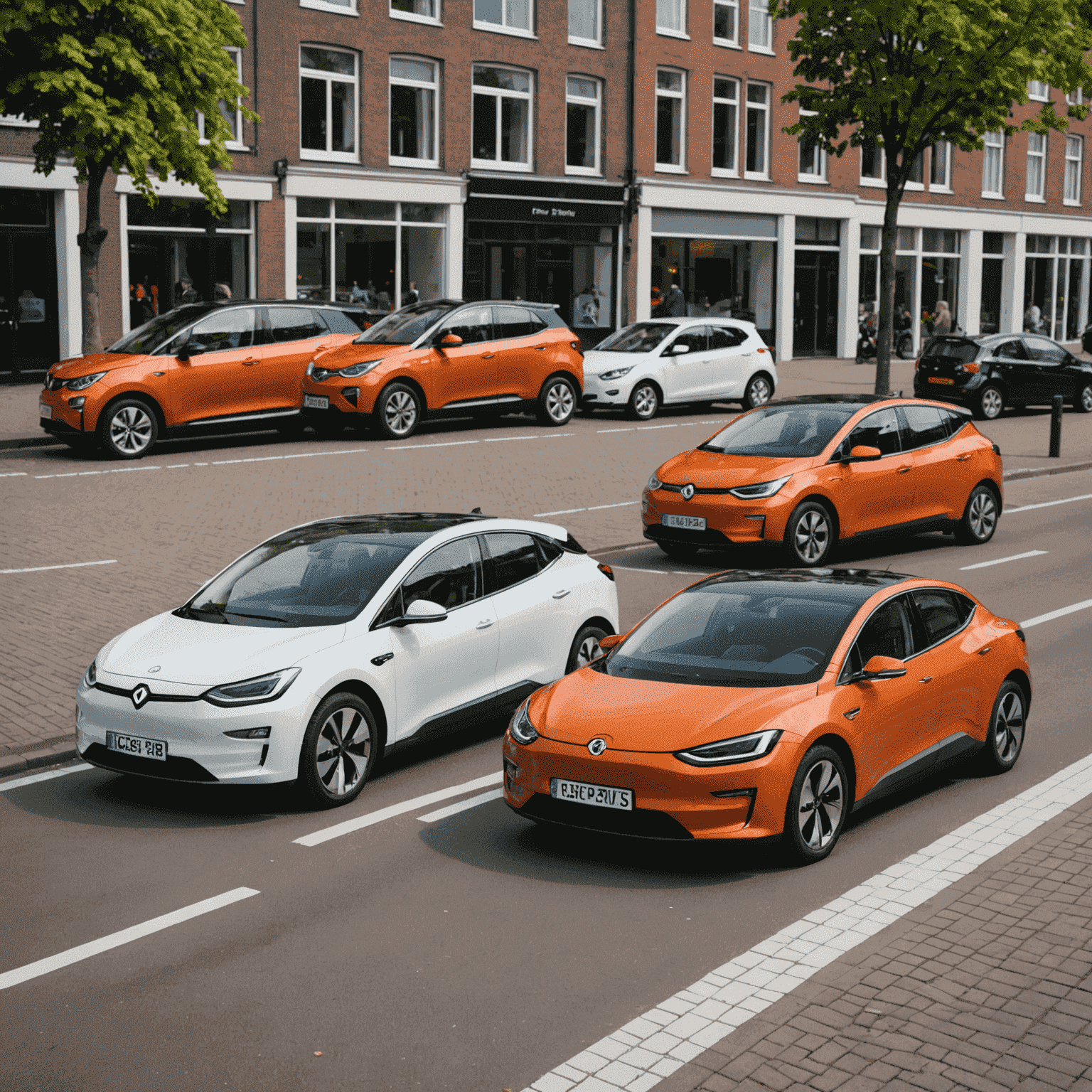 Collage van vijf populaire elektrische automodellen in Nederland, geparkeerd naast elkaar op een typisch Nederlandse straat met fietspaden