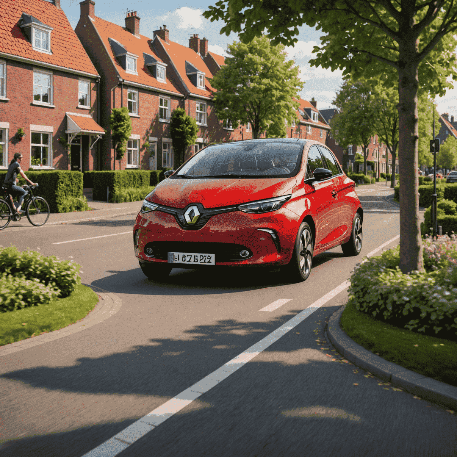 Een rode Renault Zoe rijdend door een Nederlandse woonwijk met fietspaden en groen