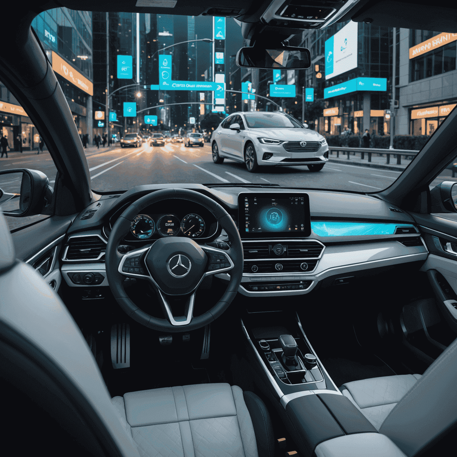 Futuristische weergave van AI en telematica in autoverzekeringen, met holografische displays en connected car technologie