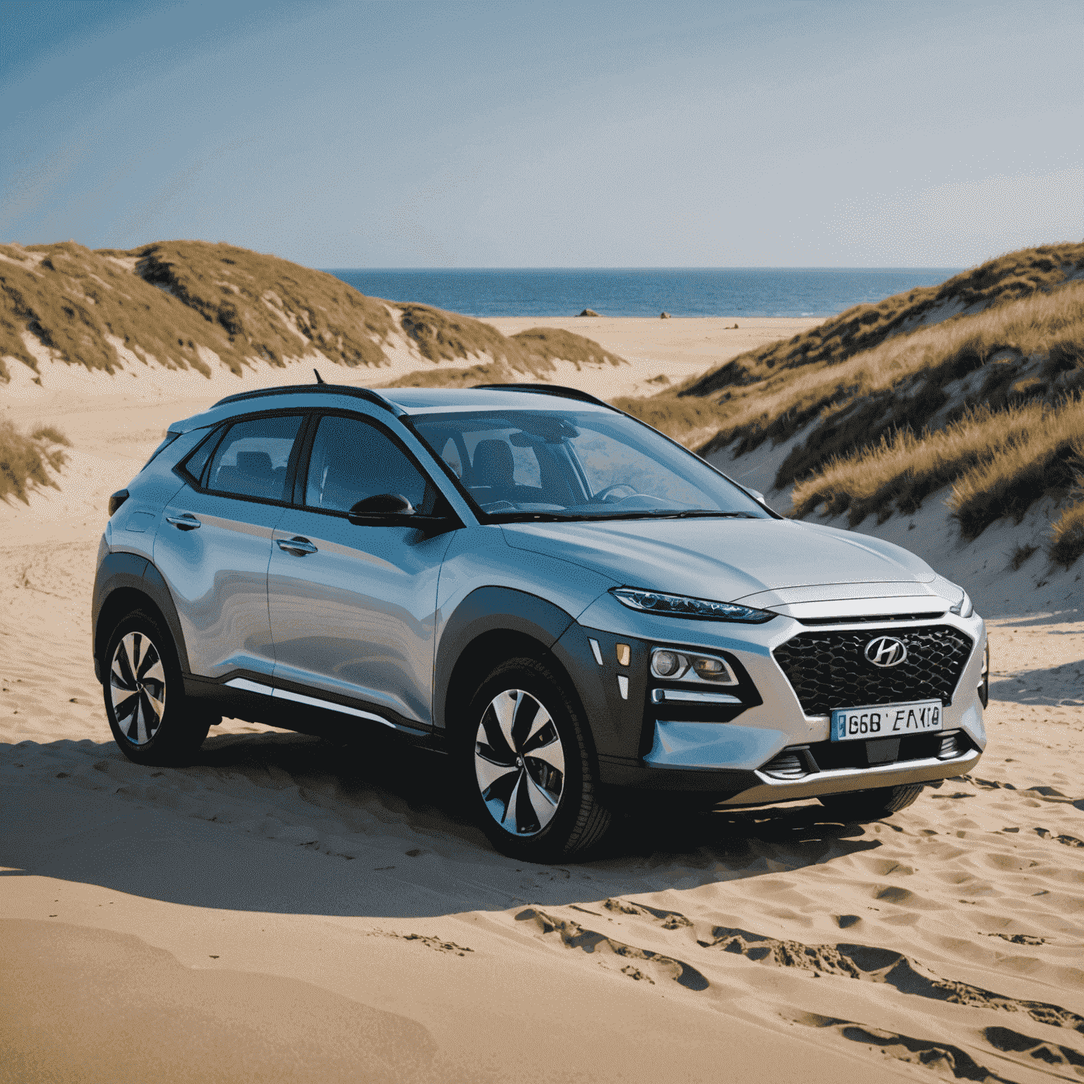 Een zilveren Hyundai Kona Electric geparkeerd bij een Nederlands strand met duinen op de achtergrond